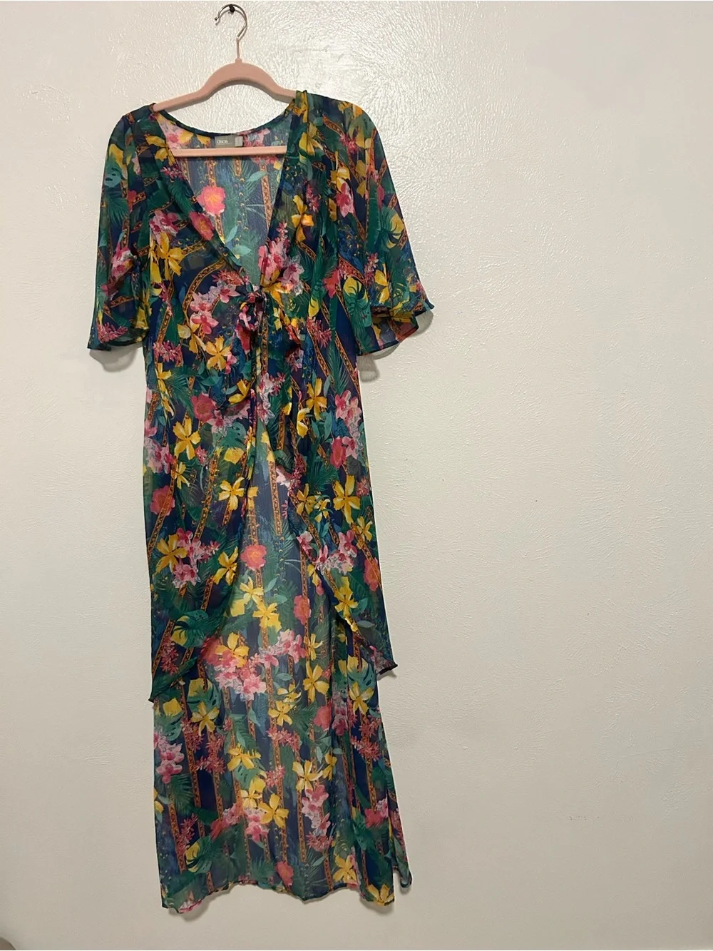 ASOS Green Sheer Floral Tie-Front Pareo dress with Pink & Yellow Blooms
